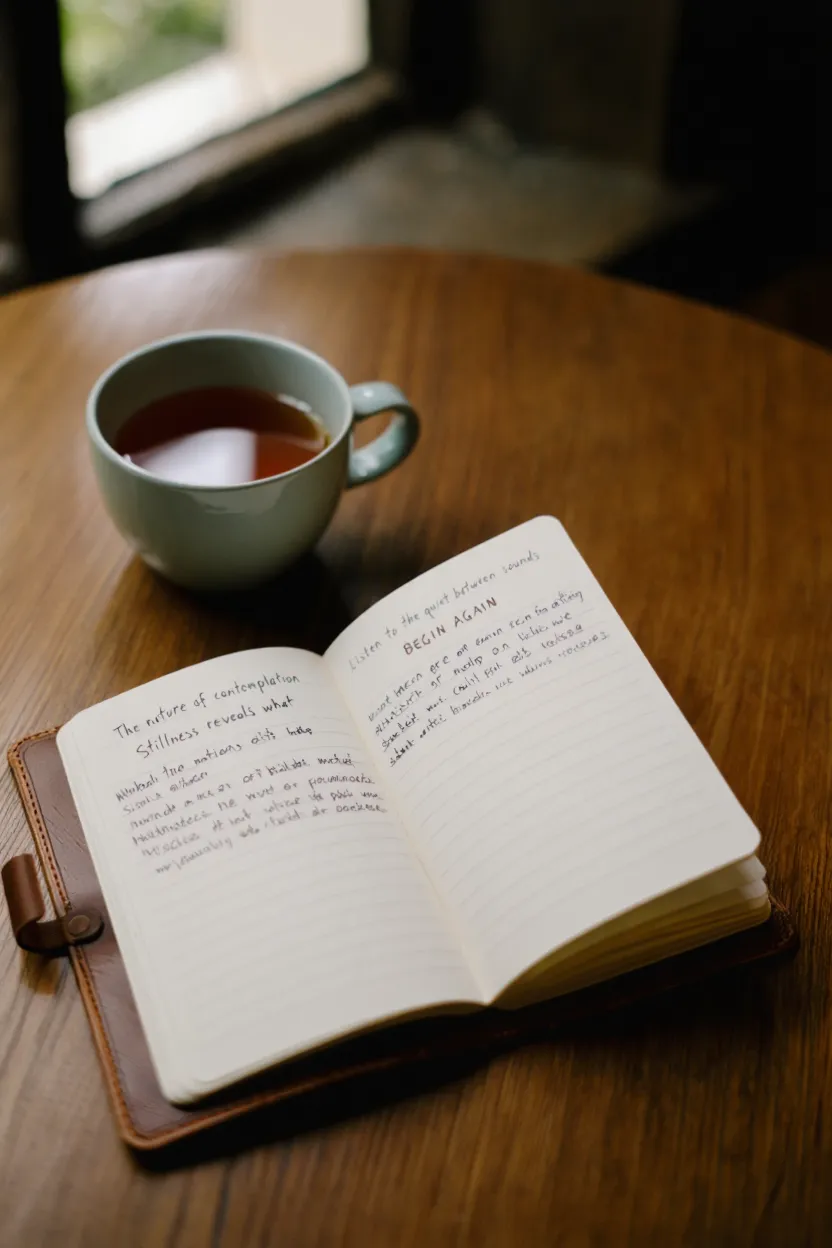 Open notebook with thoughtful notes beside a cup of tea representing quiet study and contemplation